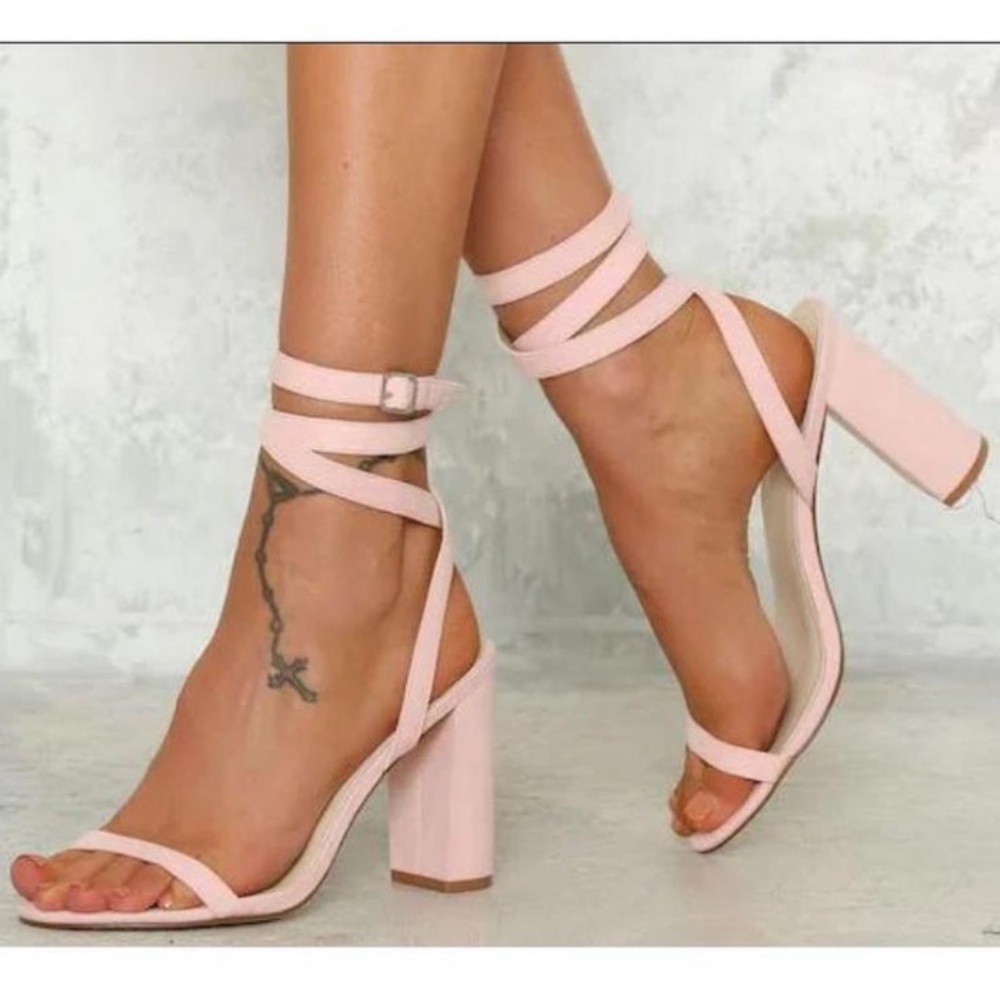 Pastel pink wrap strap block heels